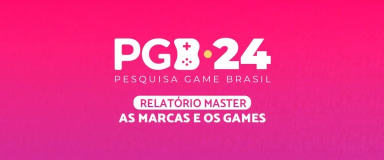Logo da PGB 2024 com fundo rosa sobre o relatório de marcas e games